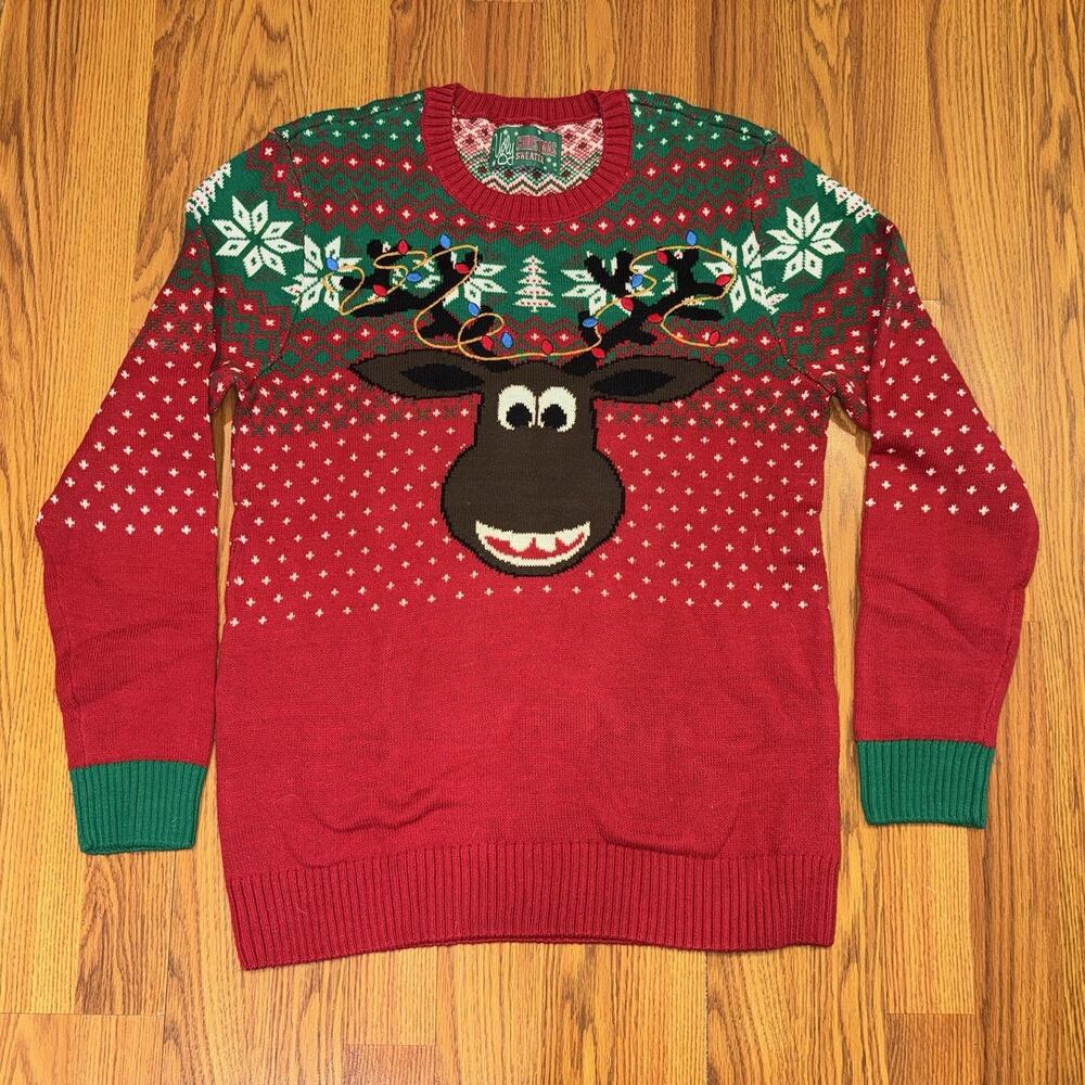 Ugly Christmas Sweater Mens Large Multicolor Knit Reindeer 3D Nose‎